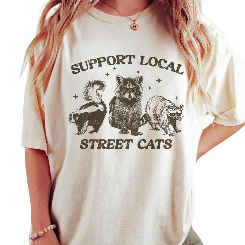 Support Your Local Street Cats Graphic T-Shirt, Retro Unisex Adult T Shirt, Vintage Raccoon T-Shirt, Nostalgia Shirt,...