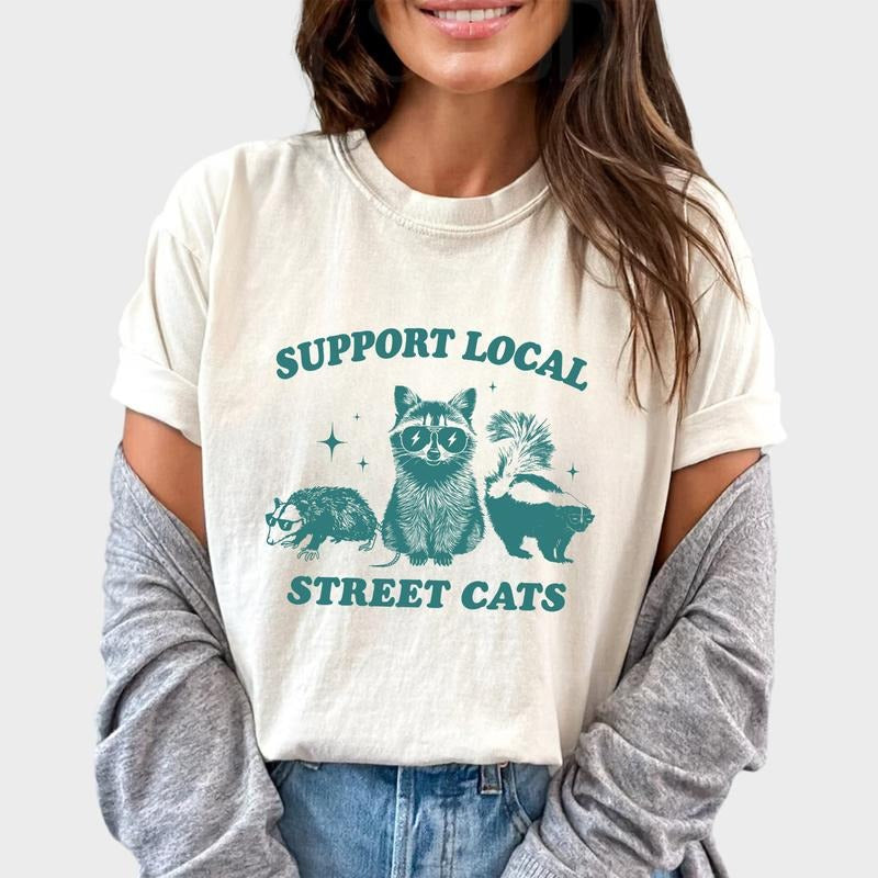 Support Your Local Street Cats Shirt, Funny Raccoon Shirt, Raccoon Skunk Opossum Meme Tee, Retro Graphic Unisex Tee,...