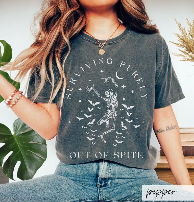 Surviving Purely out of Spite Shirt, Funny Goth Celestial Skeleton and Bats Shirt, Bat Lover Gothic Boho Garment Dyed...