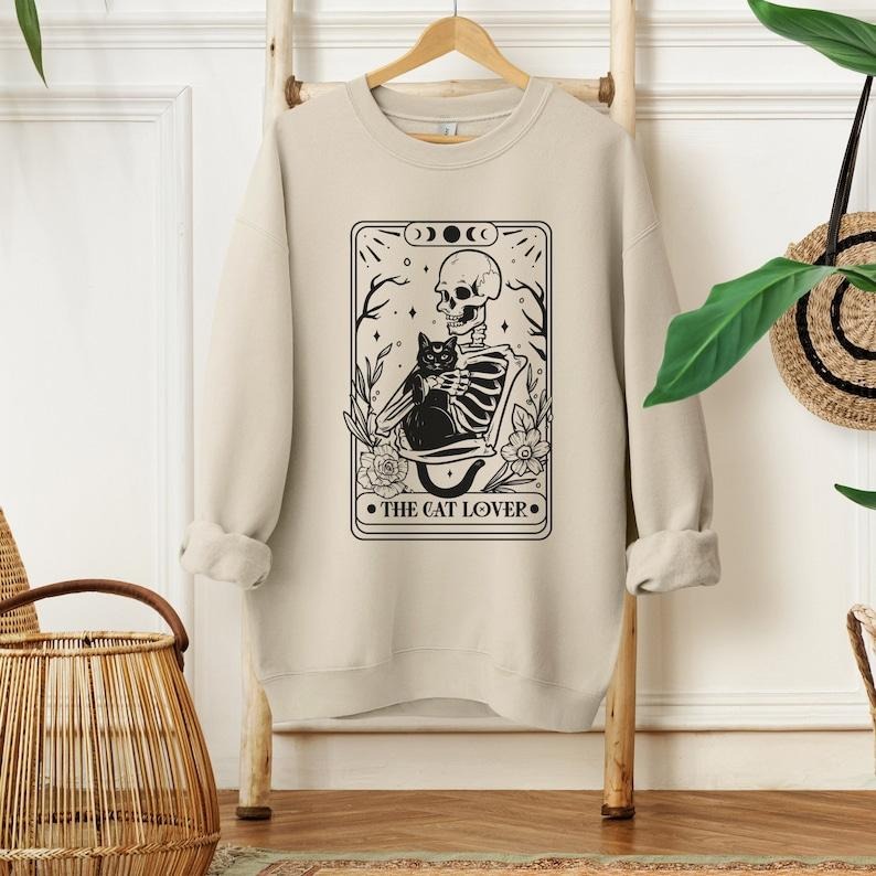 Tarot Card Sweatshirt, Skeleton and Cat Sweatshirt, Cat Mom Gift, Black Cat Hoodie and Sweater; T-shirt | TeeBloomCo.com