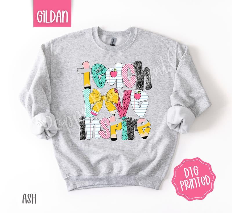 Teach Love Inspire Sweatshirt, Cute Teacher Sweater, Trendy Bow Crewneck, Gift for Her T-Shirts, Hoodie | TeeBloomCo.com
