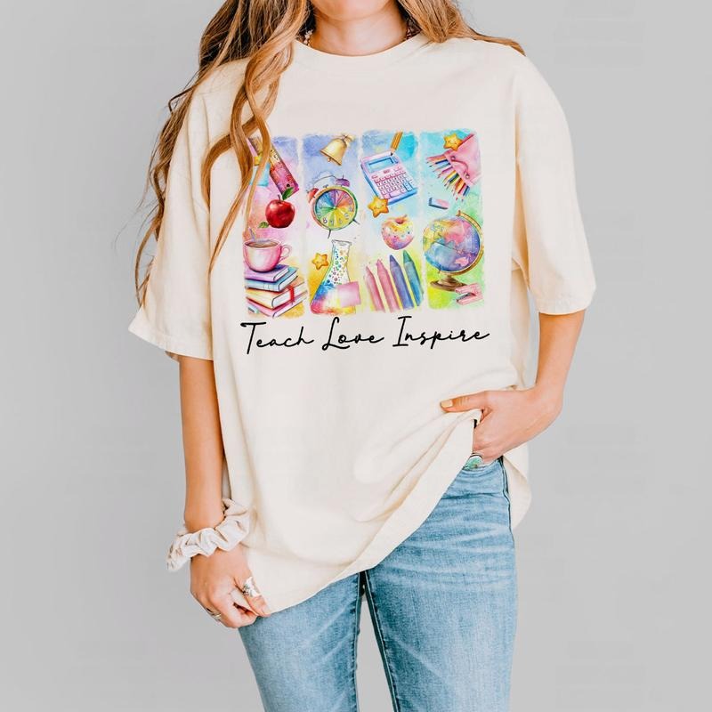 Teach Love Inspire Teacher Shirt, Watercolor School Supplies Tee, Cute Back to School Sweatshirt for Women, Inspiring...