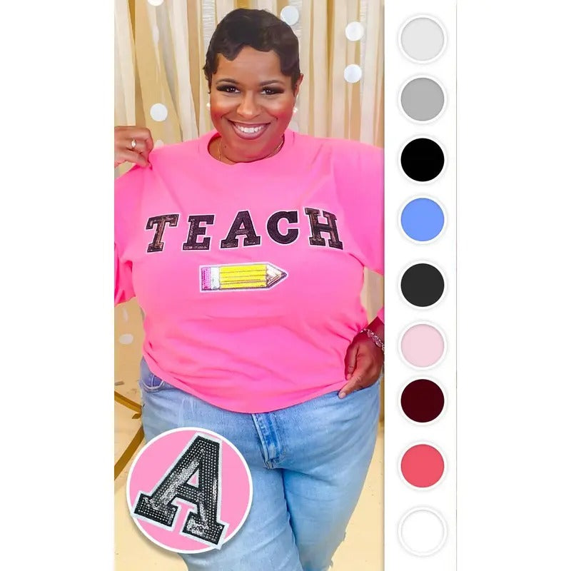 Teach Pencil Sequin Graphic Long Sleeve T-Shirt Hoodie, Sweatshirt | TeeBloomCo.com