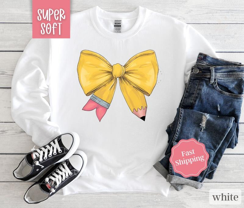 Teacher Pencil Bow Sweatshirt, Teach Crewneck, Gift for Teacher, Womens Sweatshirt T-Shirts, Hoodie | TeeBloomCo.com