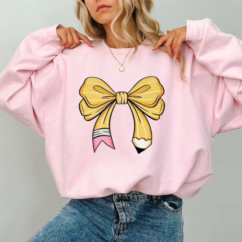 Teacher Pencil Coquette Bow Sweatshirt, Pencil Bow Crewneck, Vintage Coquette Bow Sweater, Teacher Gift Shirt, Back To...