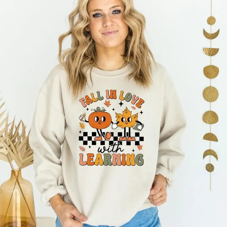 Teacher Shirt, Halloween Fall In Love With Learning Teacher Sweatshirt, Gift Teacher Halloween Shirt ,Trick Or Teach,...