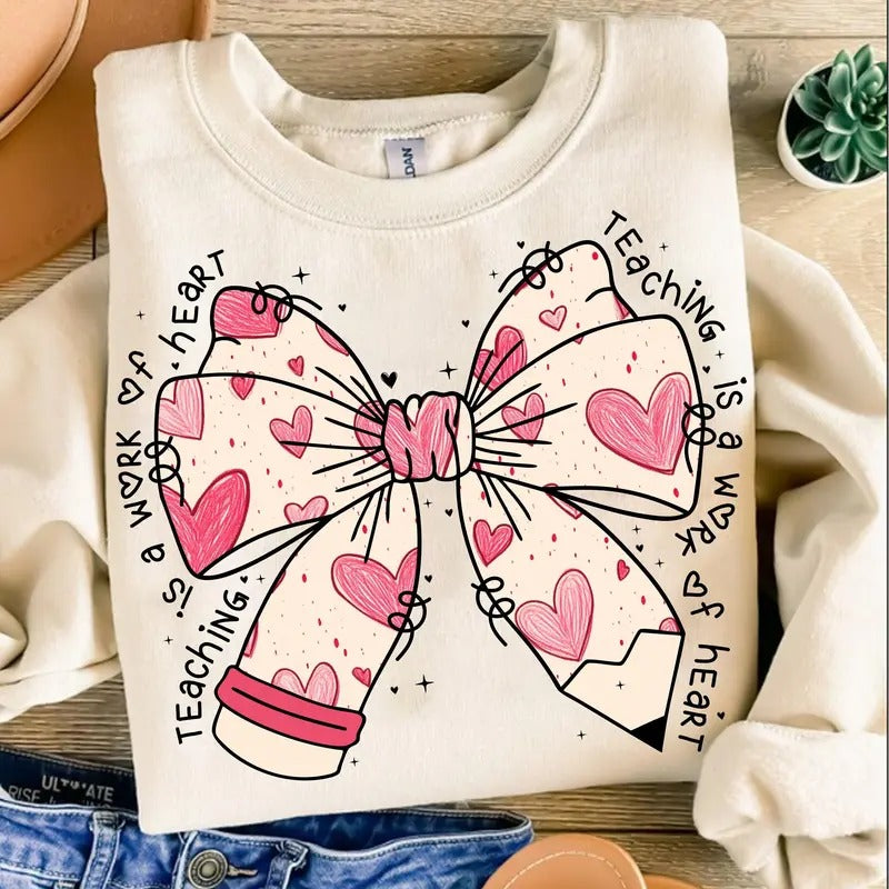 Teacher Valentine Coquette Bow Pencil Sweatshirt, Glitter Heart Teacher Valentine's Day T-Shirt, Retro Teacher Crewneck,...