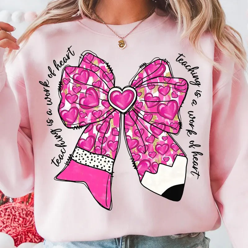 Teacher Valentine Coquette Bow Pencil Sweatshirt, Glitter Heart Teacher Valentine's Day T-Shirt, Retro Teacher Gift...