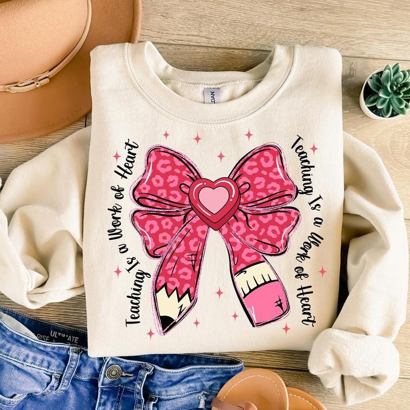 Teacher Valentine Coquette Bow Pencil Sweatshirt, Glitter Valentine Teacher Heart Sweatshirt, Retro Teacher Gift,...