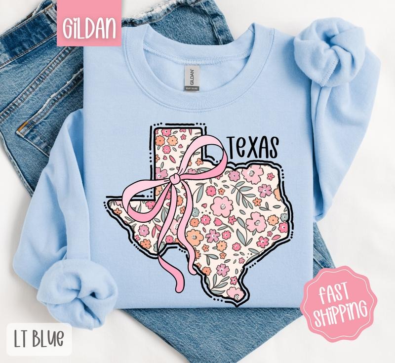 Texas Floral Bow Gildan Sweatshirt, Cute Trendy State Coquette Pullover T-Shirts, Hoodie | TeeBloomCo.com