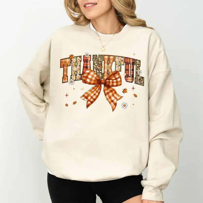 Thankful Coquette Bow Sweatshirt, Vintage Checkered Bow Crewneck, Fall Women's Sweater, Thanksgiving Gift Ideas for...