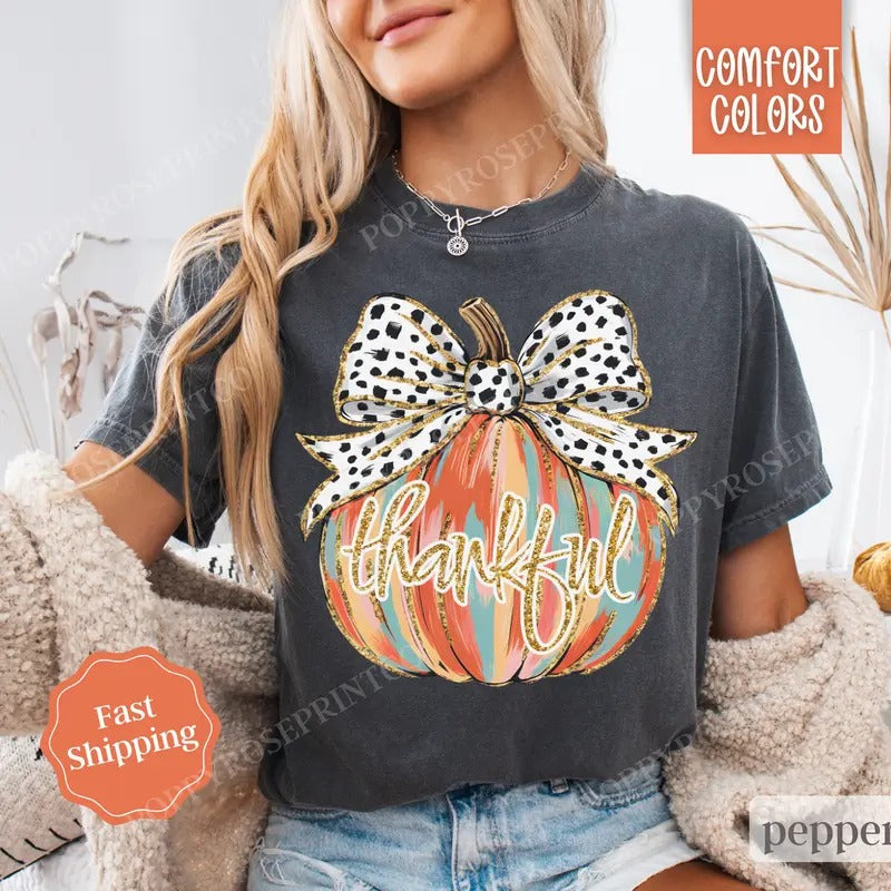 Thankful Pumpkin Shirt Comfort Colors, Thanksgiving Tshirt,  Women's Fall Tee Hoodie, Sweatshirt | TeeBloomCo.com