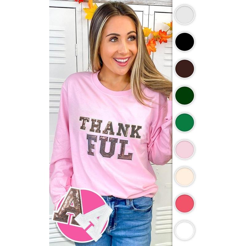 Thankful Sequin Graphic Long Sleeve T-Shirt Hoodie, Sweatshirt | TeeBloomCo.com