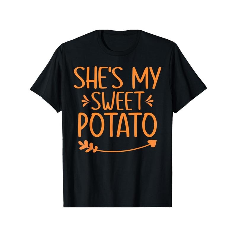 Thanksgiving Couples T-Shirt - Sweet Potato Graphic, Cotton Crew Neck, Short Sleeve, Regular Fit, All-Season, Geometric...