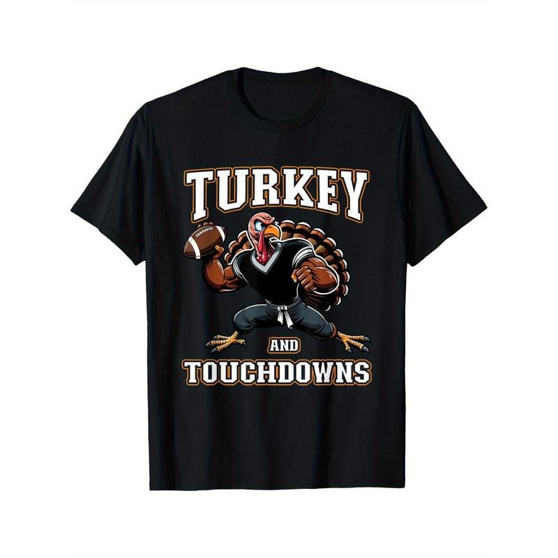 Thanksgiving Men's Design, Turkey and Touchdown, Teen Men's T-Shirt, Crew Neck, Casual, Print, Fashion 180g made in usa...