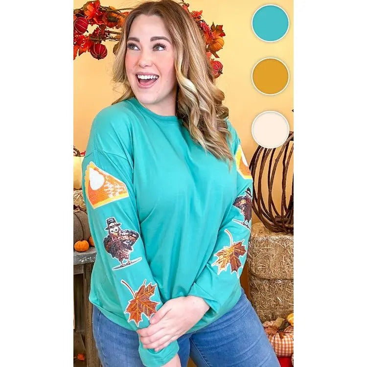 Thanksgiving Sparkle Sleeve Boyfriend Long Sleeve T-Shirt Hoodie, Sweatshirt | TeeBloomCo.com