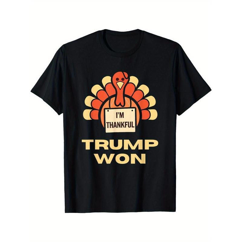 Thanksgiving Trump Win Cotton T-Shirt, Casual Crew Neck, Short Sleeve, Regular Fit, Slight Stretch, Knit Fabric, with...