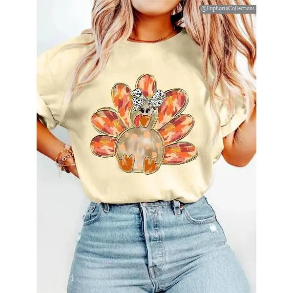 Thanksgiving Turkey Print Tee, Fashion Casual Drop Shoulder Short Sleeve T-shirt, Ladies Summer Clothes for Daily Wear ,...