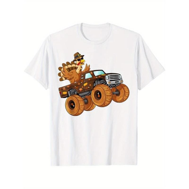 Thanksgiving Turkey Riding Monster Truck Boys T-Shirt, 100% Cotton, Gift for Men Women Dad Mom Friends, S-XXXL, White...