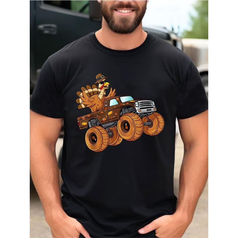 Thanksgiving Turkey Riding Monster Truck Men's Cotton Printed T-Shirt made in usa Hoodie, Sweatshirt | TeeBloomCo.com
