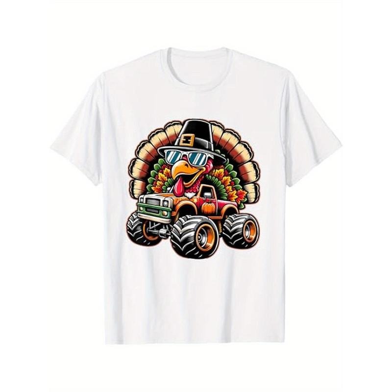 Thanksgiving Turkey Riding Monster Truck T-Shirt, 100% Cotton, Gifts for Men Dad Husband Grandpa, S-XXXL, White made in...