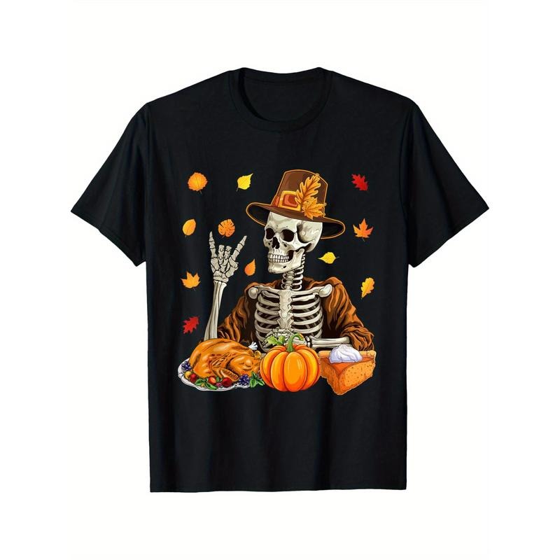 Thanksgiving X-ray Skeleton Funny Rock Hand Fall Leaves T-Shirt T-shirt Comfortable, Casual Short Sleeve, Daily Wear, All...