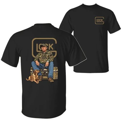The 47th President Trump Holding a Glock Sitting Next to a Hunting Dog T-shirt, Camo Hunting Season Unisex Cotton Hoodie,...