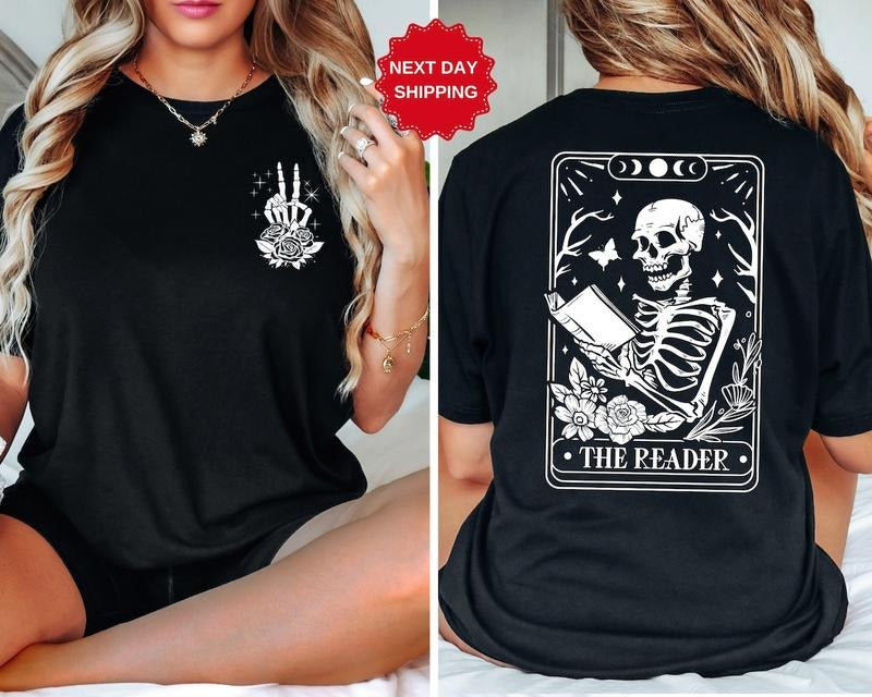 The Reader Tarot Card Front And Back Printing Shirt, Skeleton Reading T-shirt Hoodie, Sweatshirt | TeeBloomCo.com