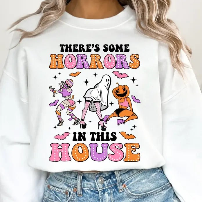 There's Some Horrors In This House, Retro Halloween, Funny Halloween Design, Spooky Vibes, Halloween Shirt Design,...