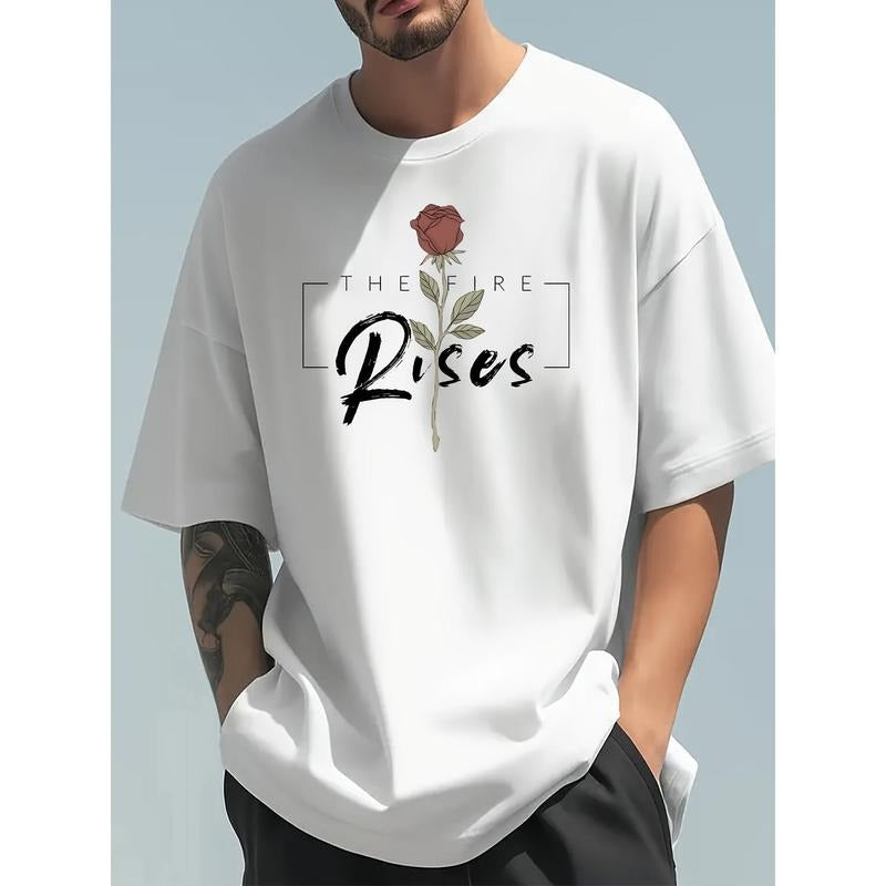 Thick Premium Cotton T-Shirt for Men - Soft, Breathable, Round Neck, Short Sleeves, Bold Rose Print Design