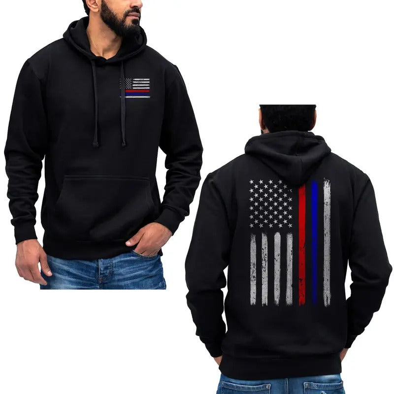 Thin Red & Blue Line Vertical Brushed Flag Police Hoodie Sweatshirt Cotton Fabric T-Shirts | TeeBloomCo.com