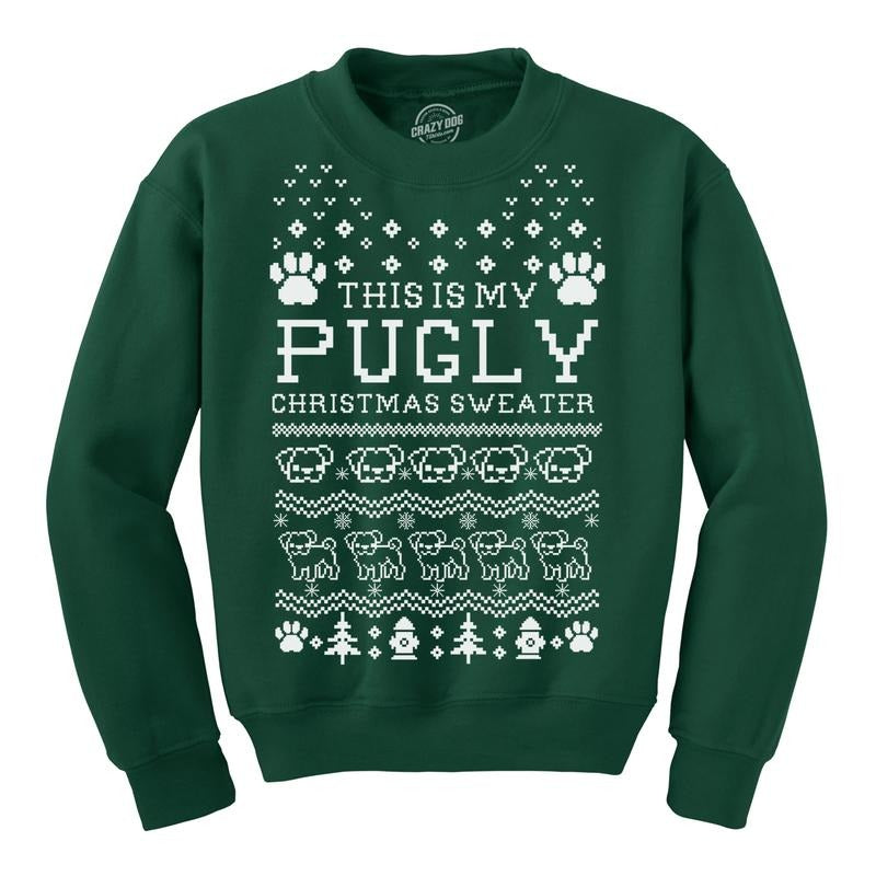 This Is My Pugly Christmas Sweater Crewneck Funny Pet Pug Dog Sweatshirt Funny Sweater Christmas Crew Neck Funny Dog Long...