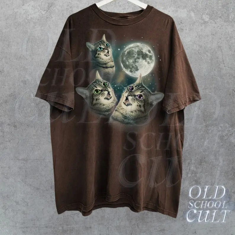 Three Cats Vintage 90s Graphic T-shirts, Retro Cat Moon Tshirt, Kitten Lovers, Funny Galaxy Tee, Unisex Washed Tee, Funny...