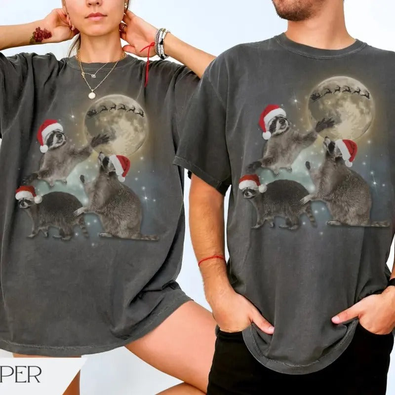 Three Raccoons Christmas Shirt, Funny Ugly Christmas Sweater, Retro Santa Raccoon Galaxy TShirt, Feral Meme Shirt Friend...
