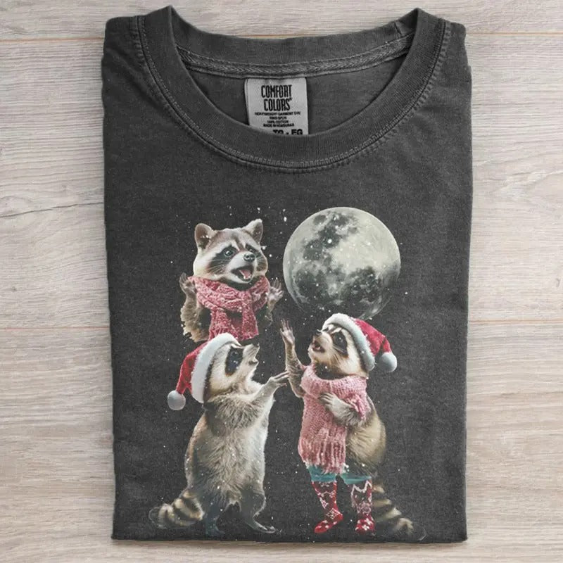 Three Raccoons Vintage Christmas T-shirt, Retro Raccoon Moon Tshirt, Raccoon Lovers, Funny Raccon Tee, Oversized Washed...