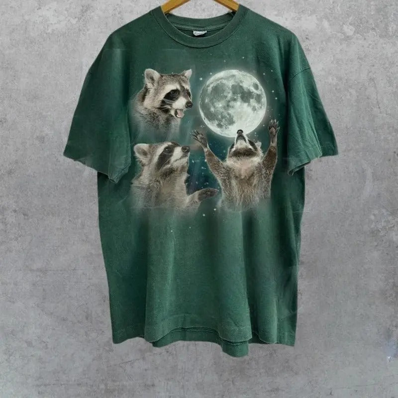 Three Raccoons Vintage Graphic T-shirts, Retro Raccoon Moon Tshirt, Raccoon Lovers, Funny Raccon Tee, Oversized Washed...