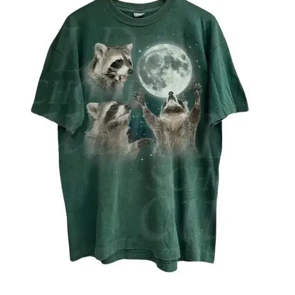 Three Raccoons Vintage Graphic T-shirts, Retro Raccoon Moon Tshirt, Raccoon Lovers, Funny Raccon Tee, Oversized Washed...