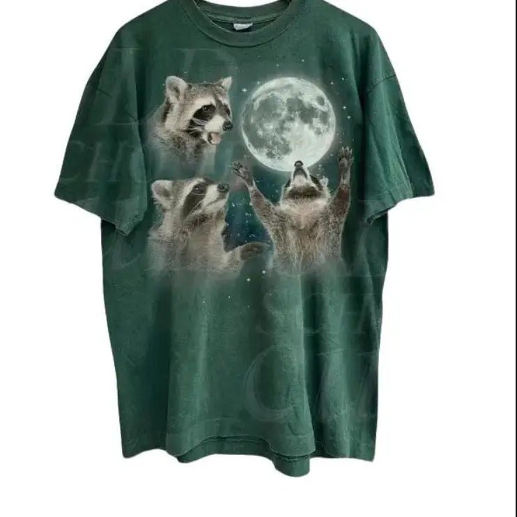 Three Raccoons Vintage Graphic T-shirts, Retro Raccoon Moon Tshirt, Raccoon Lovers, Funny Raccon Tee, Oversized Washed...