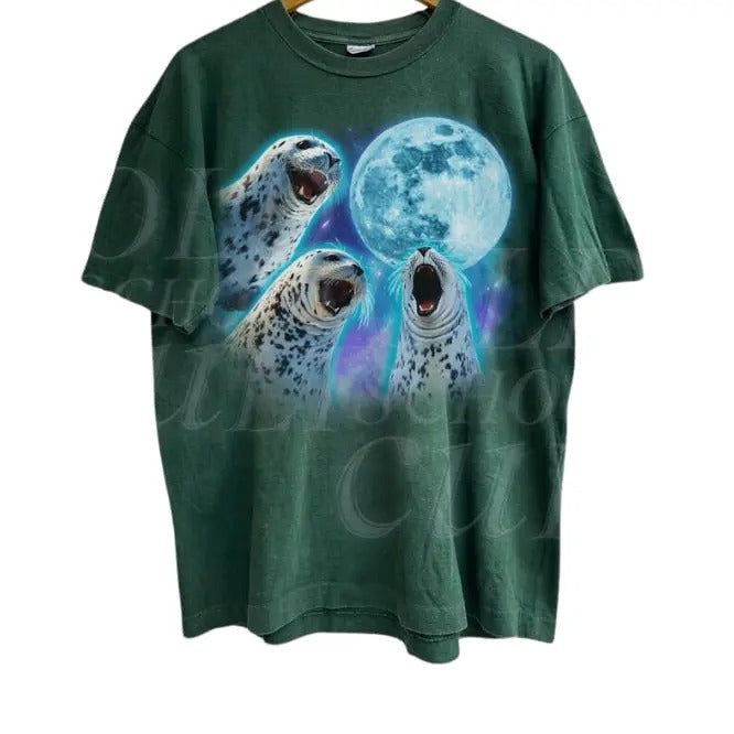 Three Seals Vintage Graphic T-shirts, Retro Seal Moon Tshirt, Funny Graphic Tee, Ocean Sea Animal Lovers, Oversized...