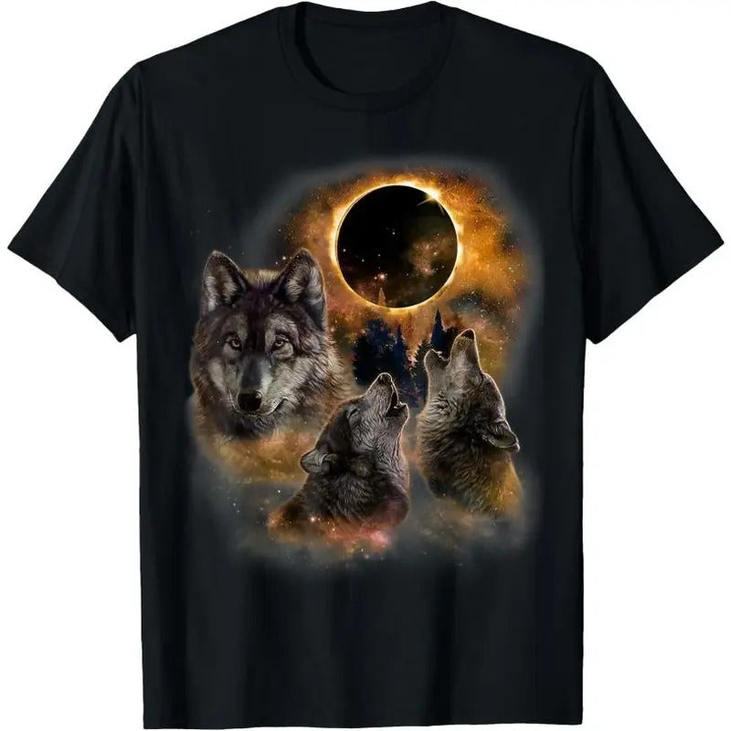 Three Wolves and Solar Eclipse, Forest Wolf Animals Wild T-Shirt Hoodie, Sweatshirt | TeeBloomCo.com