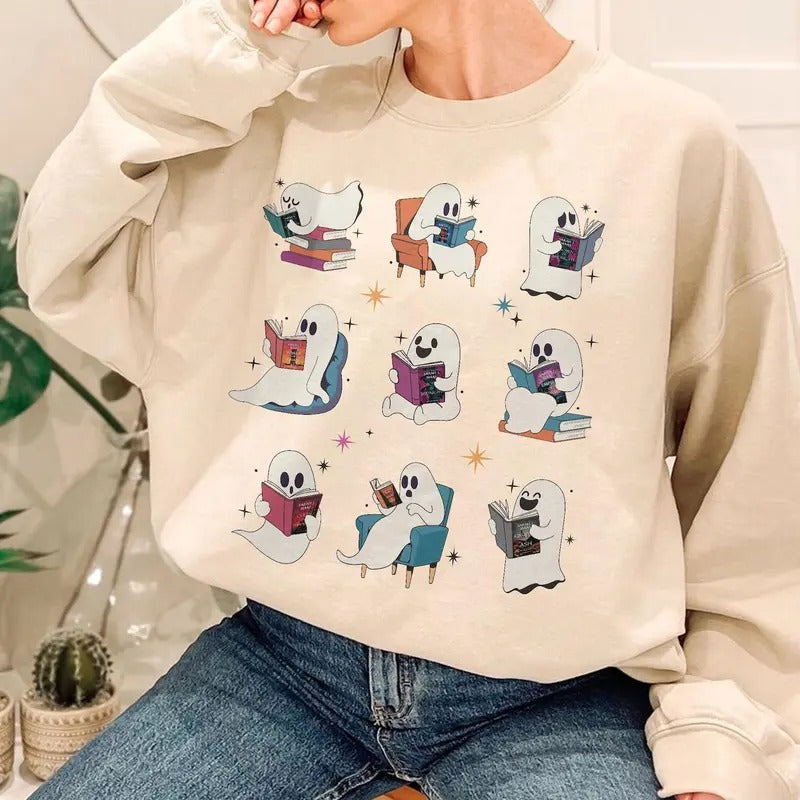 Throne Of Glass Ghost Reading T-Shirt, Halloween Ghost Reading Book Sweatshirt, Cute Bookworm Ghost Halloween Sweater,...