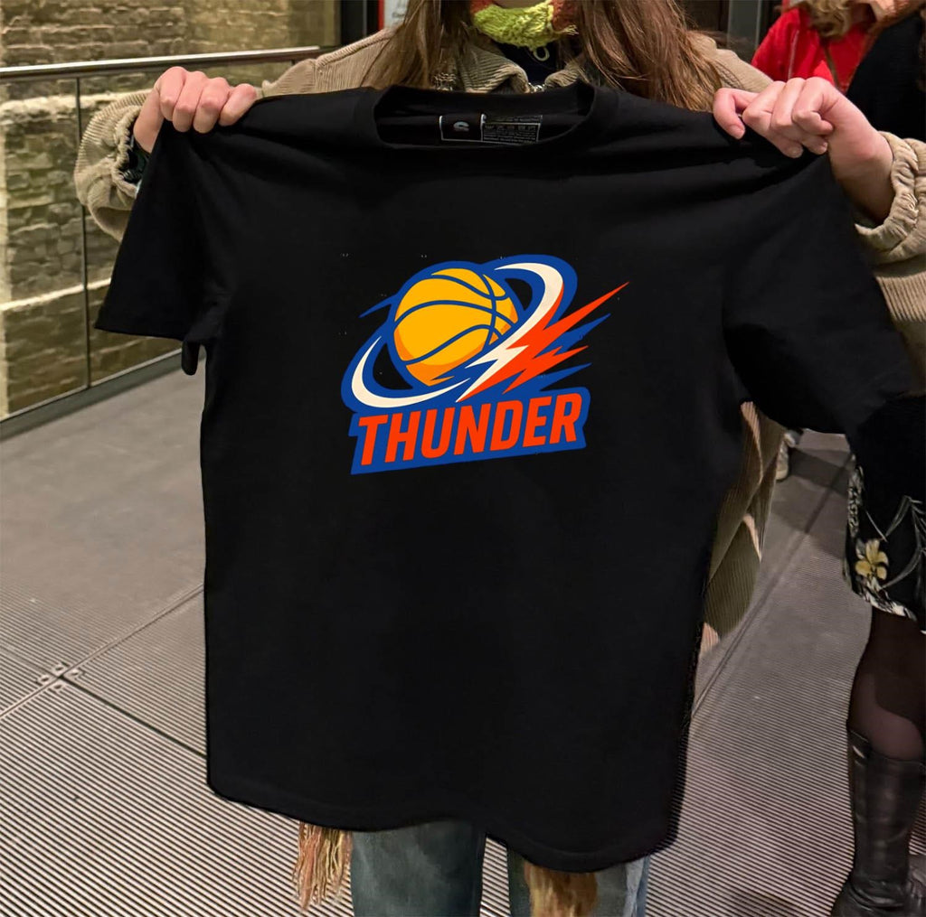 Thunder basketball lightning bolt orange and navy logo shirt
