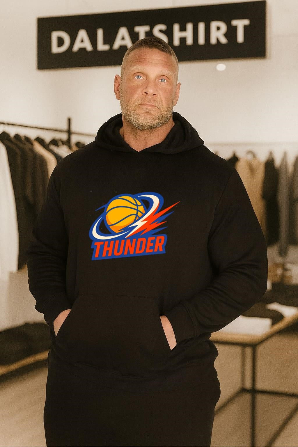 Thunder basketball lightning bolt orange and navy logo shirt