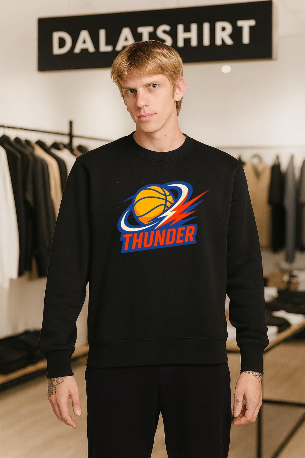 Thunder basketball lightning bolt orange and navy logo shirt