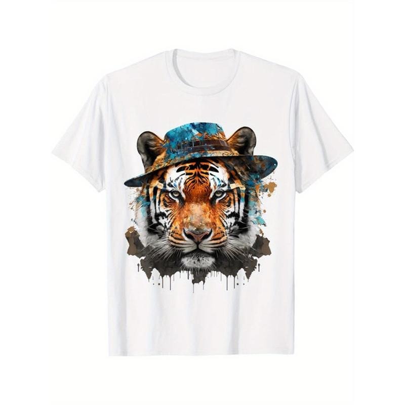 Tiger Art Print, Men's Cotton T-Shirt, Animal Pattern T-Shirt Men's Outdoor Wear, Men's Clothing, Casual Short Sleeve...