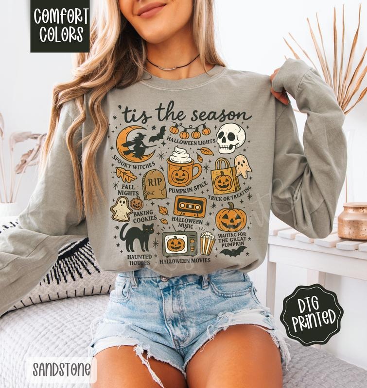 Tis The Season Comfort Colors Long Sleeve T-Shirt, Cute Halloween Shirt, Women's Graphic Tee Hoodie, Sweatshirt