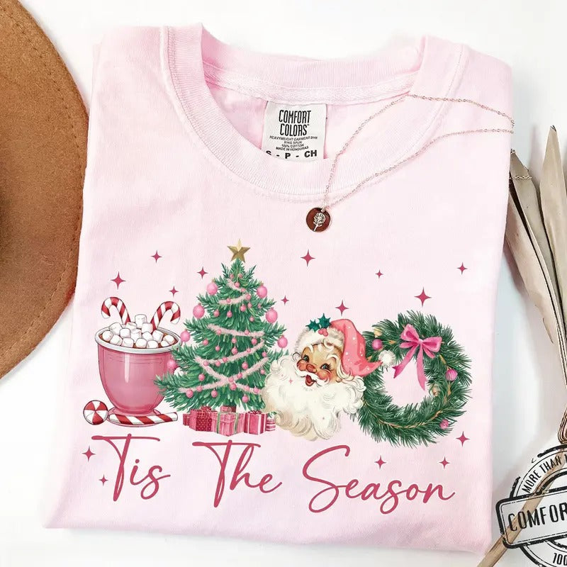 Tis The Season Comfort Colors Shirt, Coquette Bow Christmas Shirt, Retro Christmas T-shirt Hoodie, Sweatshirt