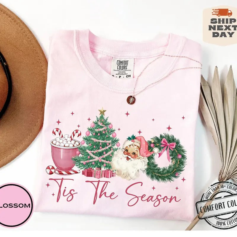 Tis The Season Sweatshirt, Coquette Bow Christmas Shirt, Retro Christmas Crewneck, Girly Christmas Sweater, Merry...