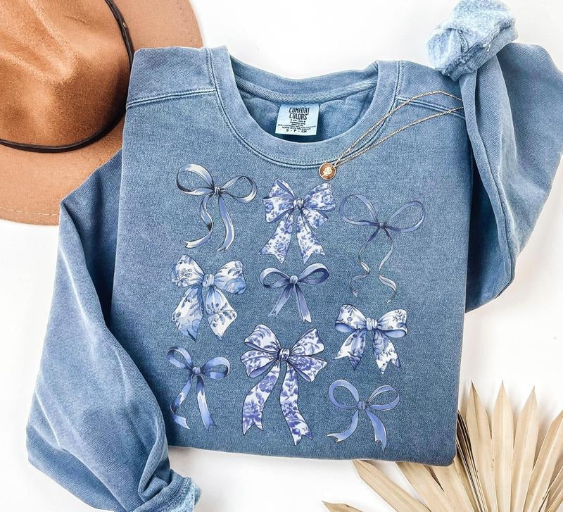Toile De Jouy Coquette Bow Sweater, Blue Ribbon Crewneck, Girl Aesthetic Sweatshirt, Feminine Floral Bow, Blue Toile Bow...