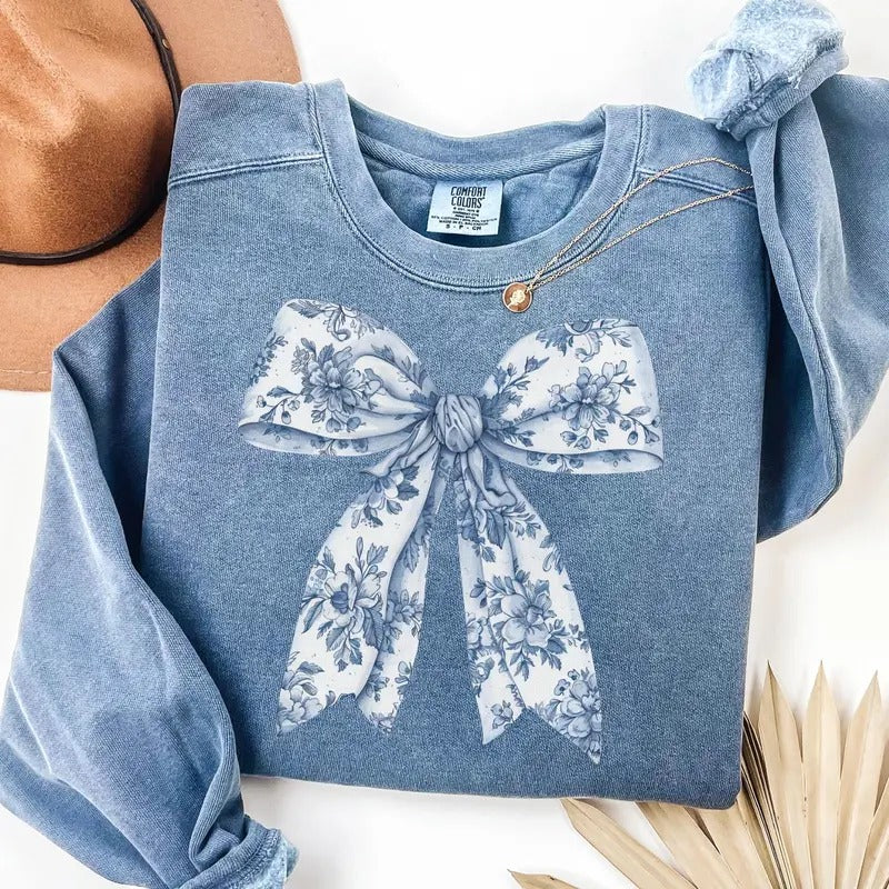 Toile De Jouy Coquette Bow Sweatshirt Blue Ribbon Sweater Girly Aesthetic T-Shirts, Hoodie | TeeBloomCo.com